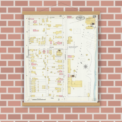 Old map wall art mockup — magnetic wood frame on brick wall — Sanborn Fire Insurance Map from Jeffersonville, Clark County, Indiana (1898), Sheet #0023
