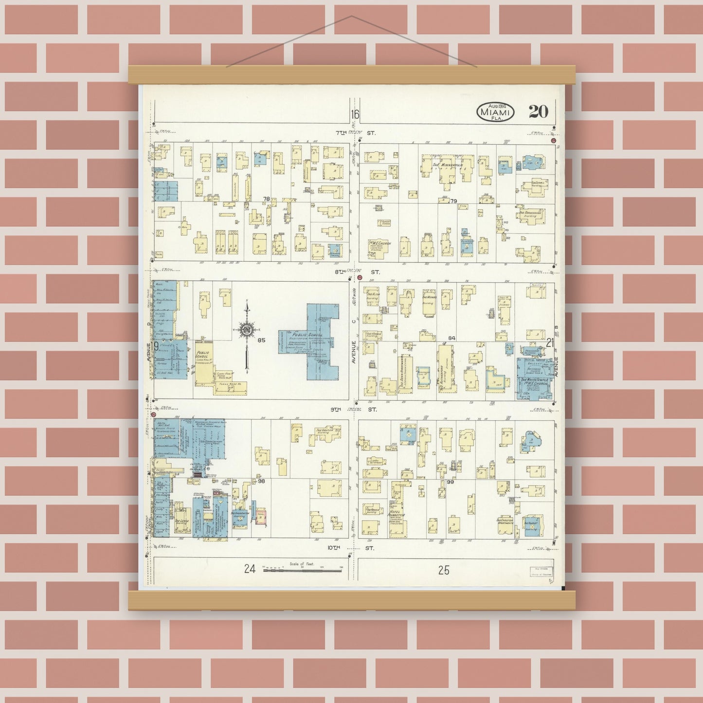 Old map wall art mockup — magnetic wood frame on brick wall — Sanborn Fire Insurance Map from Miami, Dade County, Florida (1914), Sheet #0020