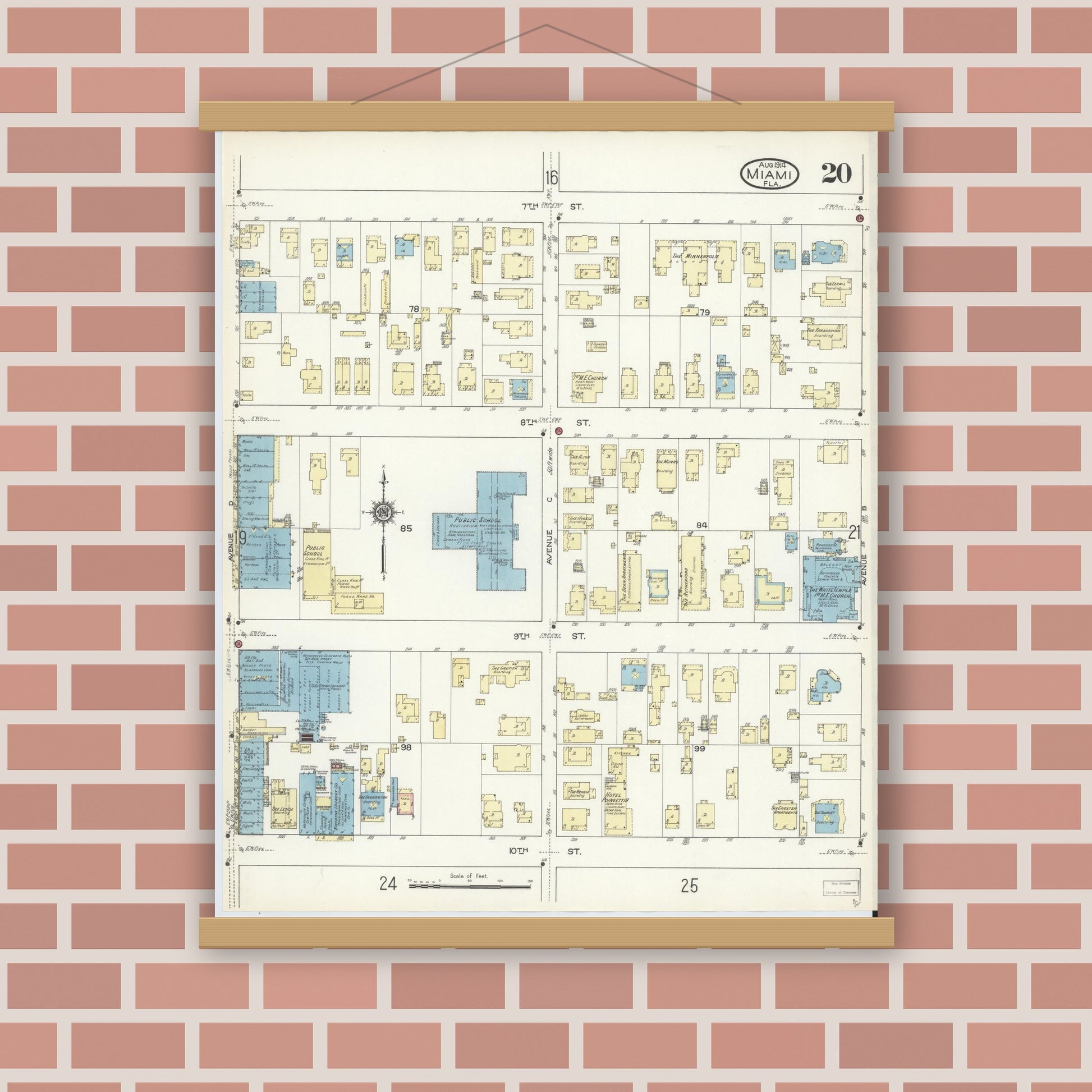 Old map wall art mockup — magnetic wood frame on brick wall — Sanborn Fire Insurance Map from Miami, Dade County, Florida (1914), Sheet #0020