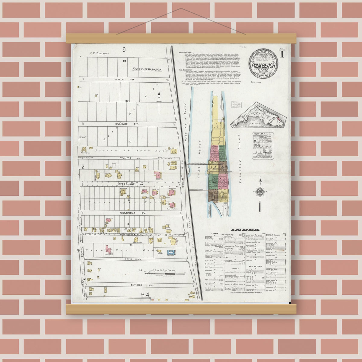 Old map wall art mockup — magnetic wood frame on brick wall — Sanborn Fire Insurance Map from Palm Beach, Palm Beach County, Florida (1919) - Complete Map Set