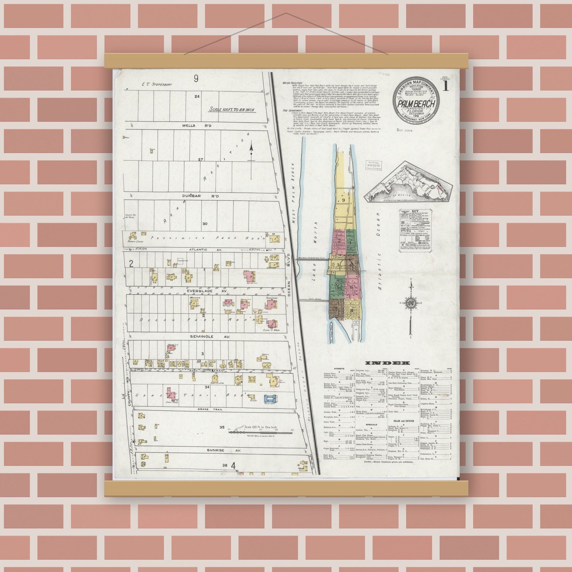 Old map wall art mockup — magnetic wood frame on brick wall — Sanborn Fire Insurance Map from Palm Beach, Palm Beach County, Florida (1919) - Complete Map Set