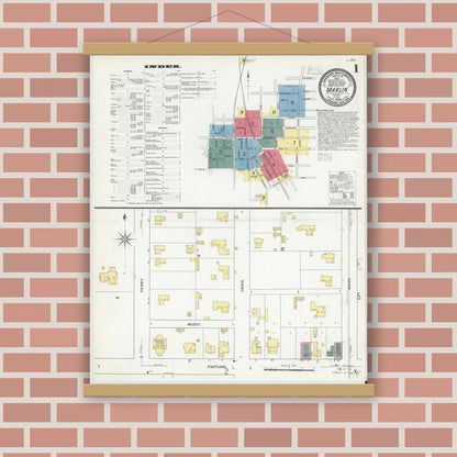 Old map wall art mockup — magnetic wood frame on brick wall — Sanborn Fire Insurance Map from Marlin, Falls County, Texas (1909), Sheet #0001
