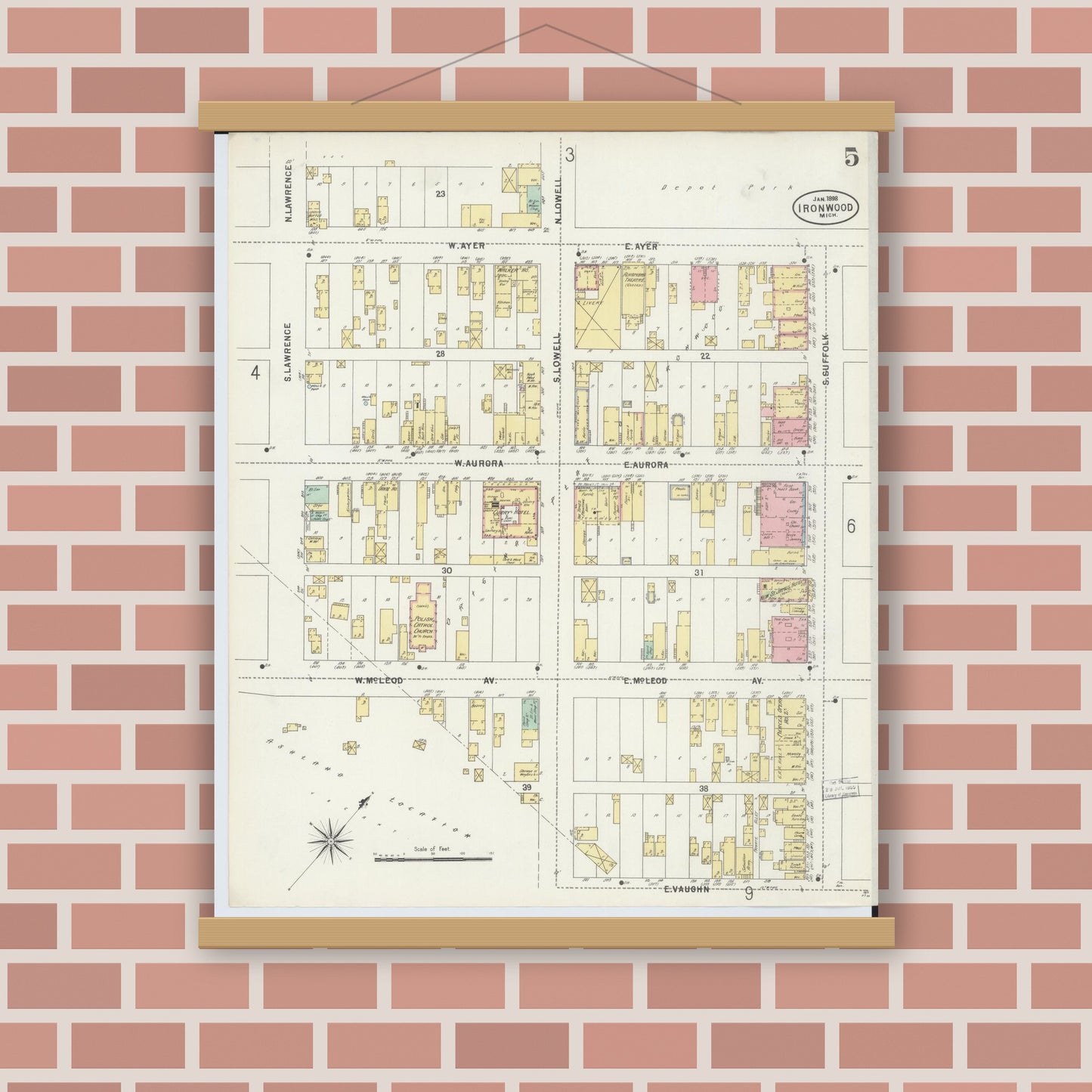 Old map wall art mockup — magnetic wood frame on brick wall — Sanborn Fire Insurance Map from Ironwood, Gogebic County, Michigan (1898), Sheet #0005