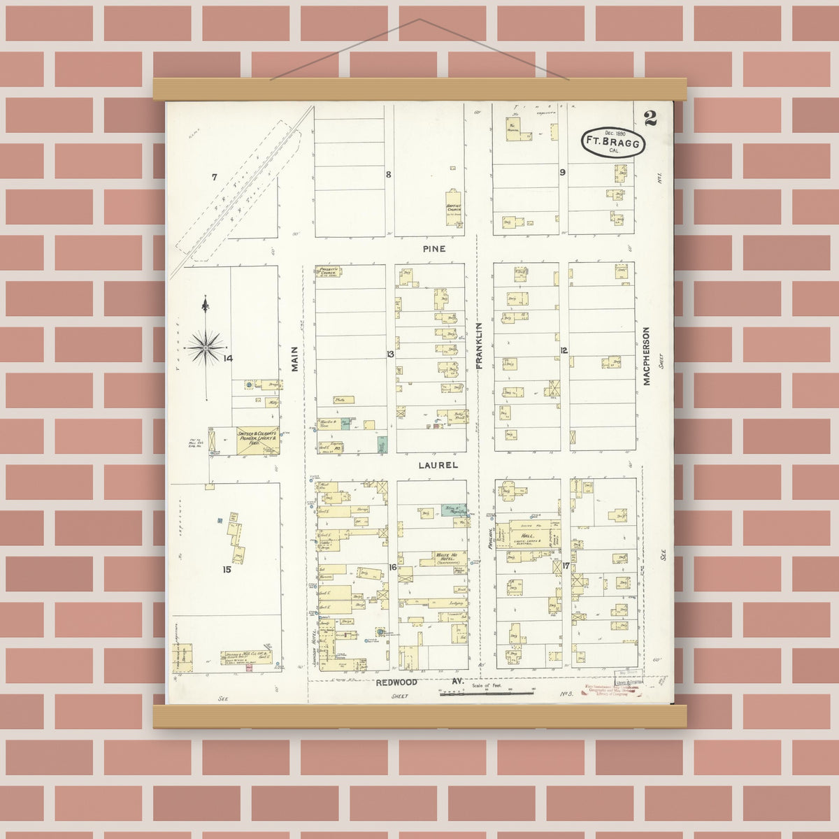 Old map wall art mockup — magnetic wood frame on brick wall — Sanborn Fire Insurance Map from Fort Bragg, Mendocino County, California (1890), Sheet #0002