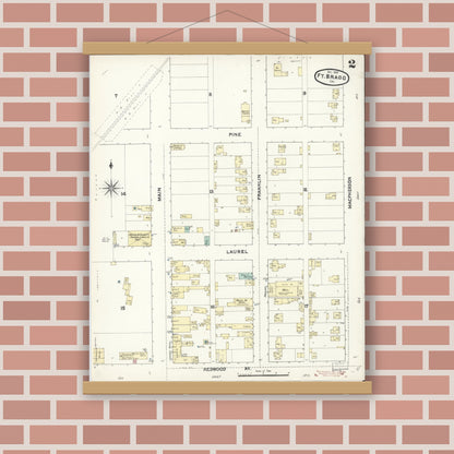 Old map wall art mockup — magnetic wood frame on brick wall — Sanborn Fire Insurance Map from Fort Bragg, Mendocino County, California (1890), Sheet #0002