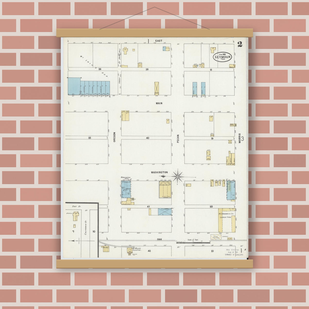 Old map wall art mockup — magnetic wood frame on brick wall — Sanborn Fire Insurance Map from Seymour, Baylor County, Texas (1898), Sheet #0002
