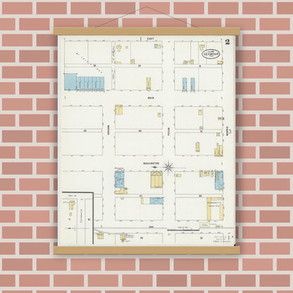 Old map wall art mockup — magnetic wood frame on brick wall — Sanborn Fire Insurance Map from Seymour, Baylor County, Texas (1898), Sheet #0002