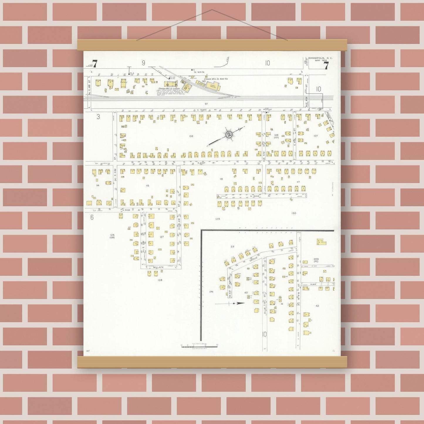 Old map wall art mockup — magnetic wood frame on brick wall — Sanborn Fire Insurance Map from Kannapolis, Rowan And Cabarrus Counties, North Carolina (1932), Sheet #0007