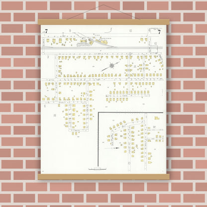 Old map wall art mockup — magnetic wood frame on brick wall — Sanborn Fire Insurance Map from Kannapolis, Rowan And Cabarrus Counties, North Carolina (1932), Sheet #0007