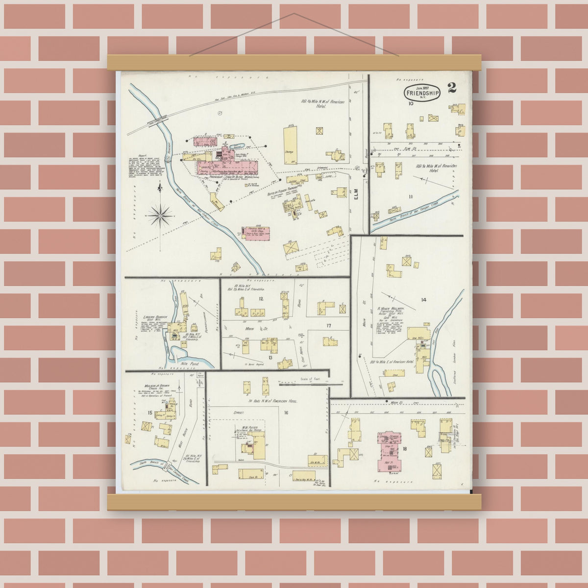 Old map wall art mockup — magnetic wood frame on brick wall — Sanborn Fire Insurance Map from Friendship, Allegany County, New York (1897), Sheet #0002