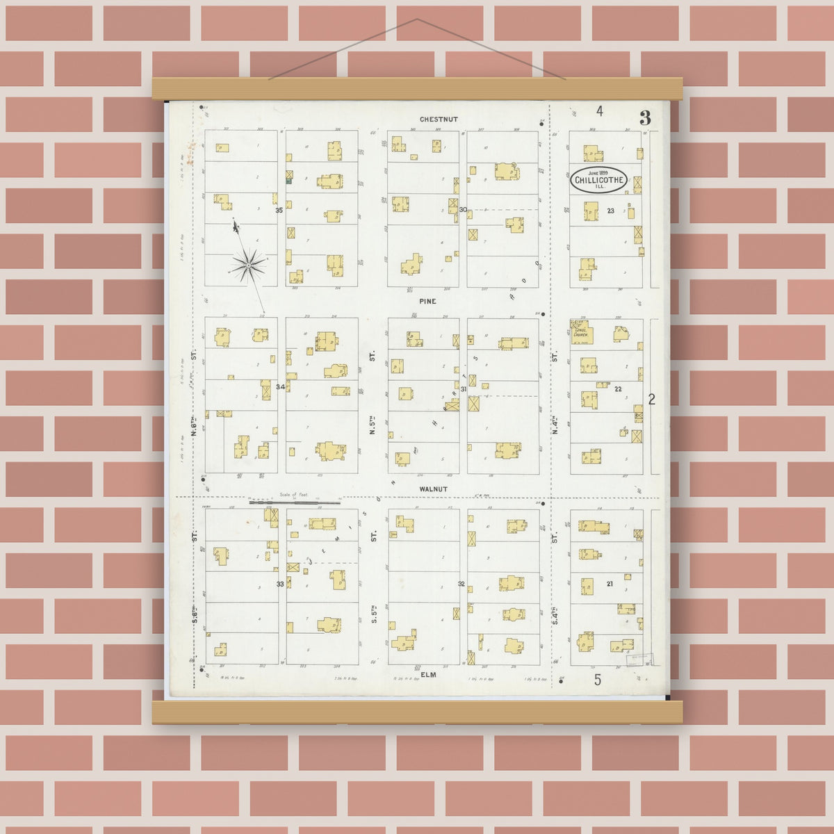 Old map wall art mockup — magnetic wood frame on brick wall — Sanborn Fire Insurance Map from Chillicothe, Peoria County, Illinois (1899), Sheet #0003