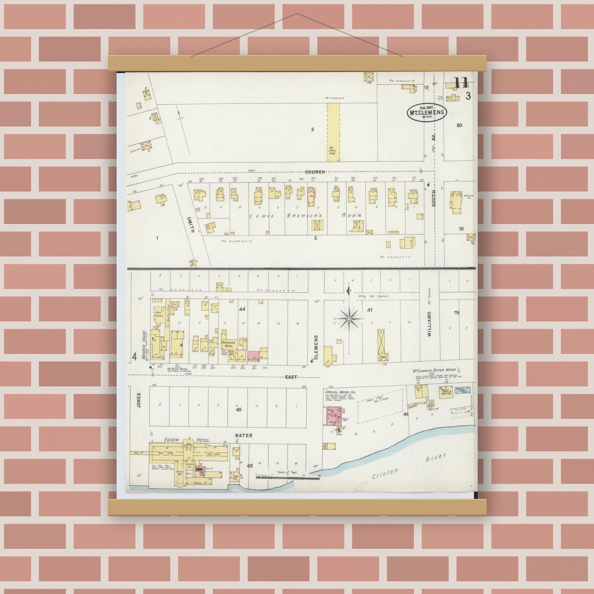Old map wall art mockup — magnetic wood frame on brick wall — Sanborn Fire Insurance Map from Mount Clemens, Macomb County, Michigan (1897), Sheet #0011