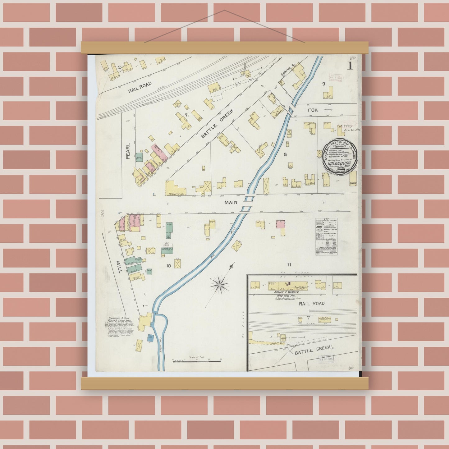 Old map wall art mockup — magnetic wood frame on brick wall — Sanborn Fire Insurance Map from Galesburg, Kalamazoo County, Michigan (1892) - Complete Map Set