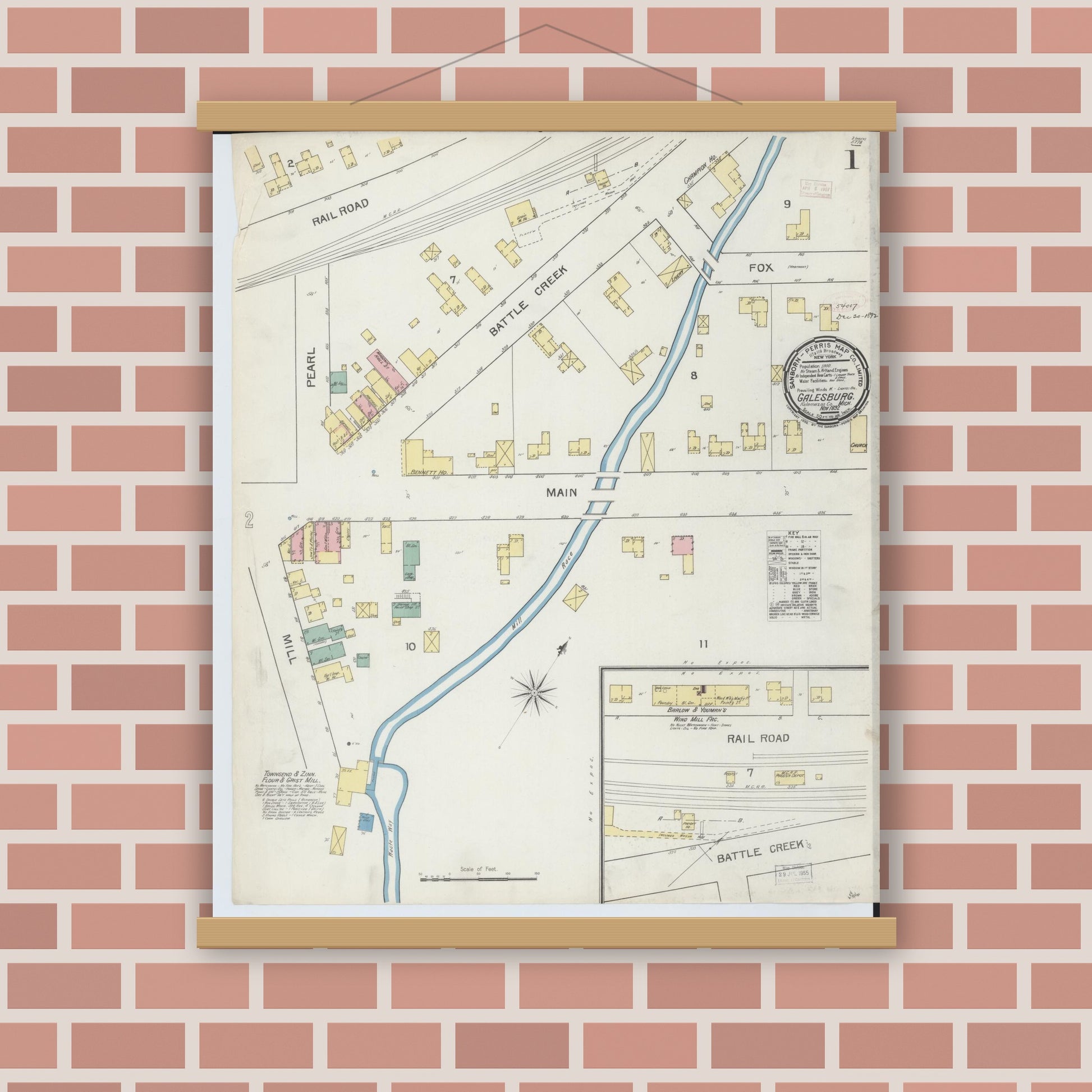 Old map wall art mockup — magnetic wood frame on brick wall — Sanborn Fire Insurance Map from Galesburg, Kalamazoo County, Michigan (1892) - Complete Map Set