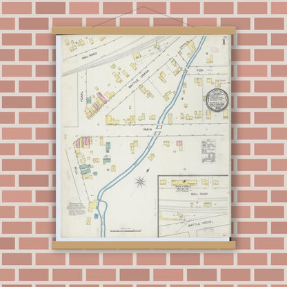Old map wall art mockup — magnetic wood frame on brick wall — Sanborn Fire Insurance Map from Galesburg, Kalamazoo County, Michigan (1892) - Complete Map Set
