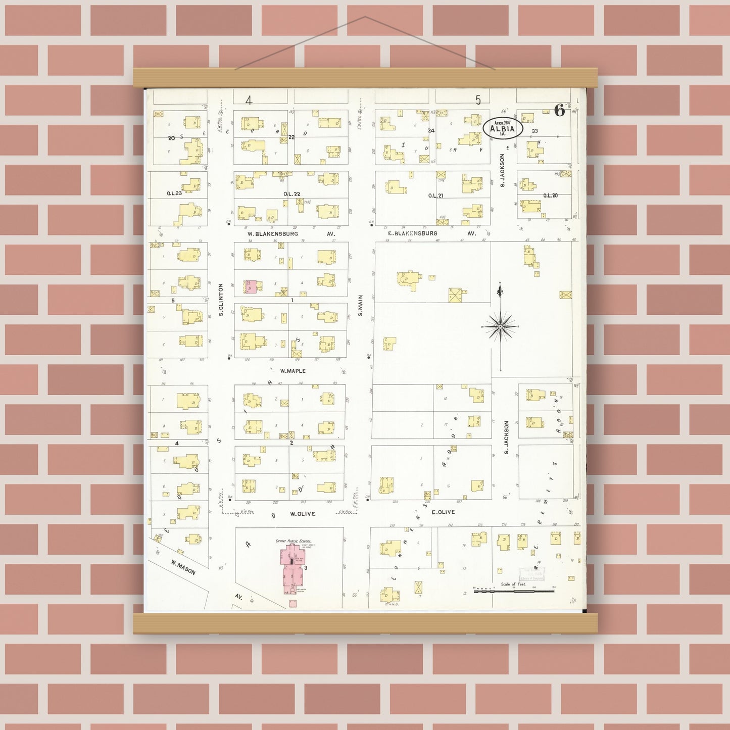 Old map wall art mockup — magnetic wood frame on brick wall — Sanborn Fire Insurance Map from Albia, Monroe County, Iowa (1907), Sheet #0006