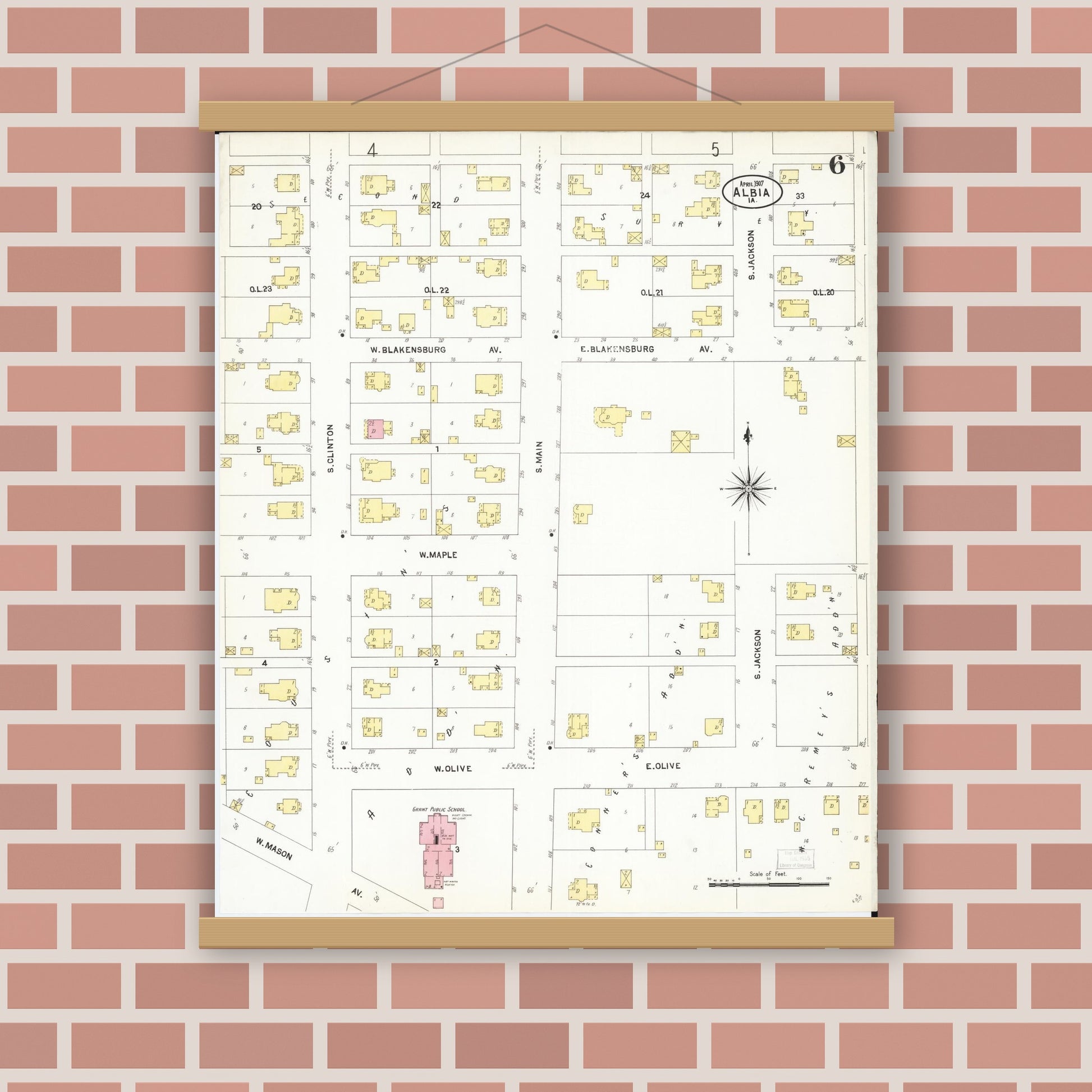 Old map wall art mockup — magnetic wood frame on brick wall — Sanborn Fire Insurance Map from Albia, Monroe County, Iowa (1907), Sheet #0006