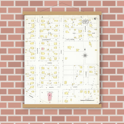 Old map wall art mockup — magnetic wood frame on brick wall — Sanborn Fire Insurance Map from Albia, Monroe County, Iowa (1907), Sheet #0006