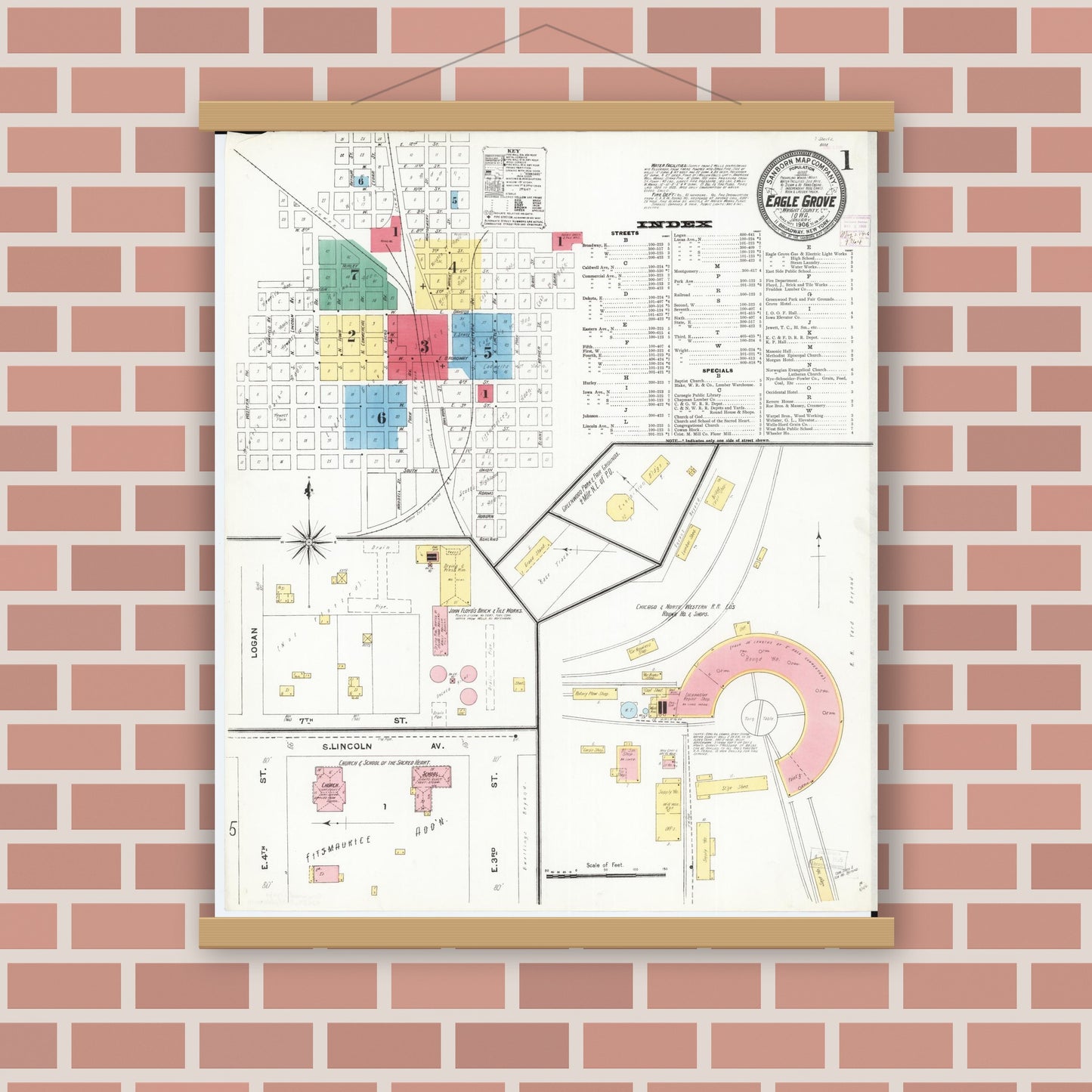 Old map wall art mockup — magnetic wood frame on brick wall — Sanborn Fire Insurance Map from Eagle Grove, Wright County, Iowa (1906) â€” Complete Set