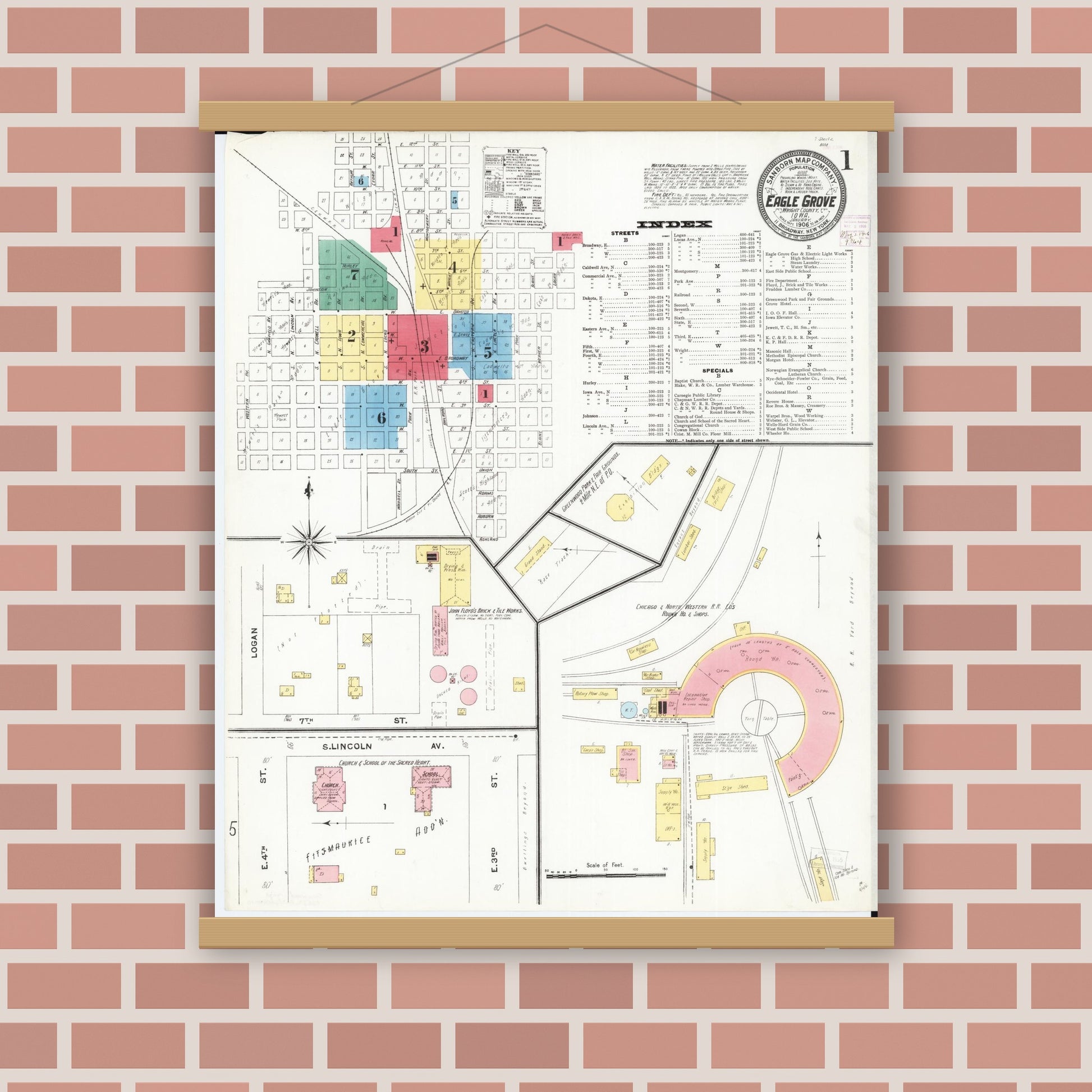 Old map wall art mockup — magnetic wood frame on brick wall — Sanborn Fire Insurance Map from Eagle Grove, Wright County, Iowa (1906) â€” Complete Set