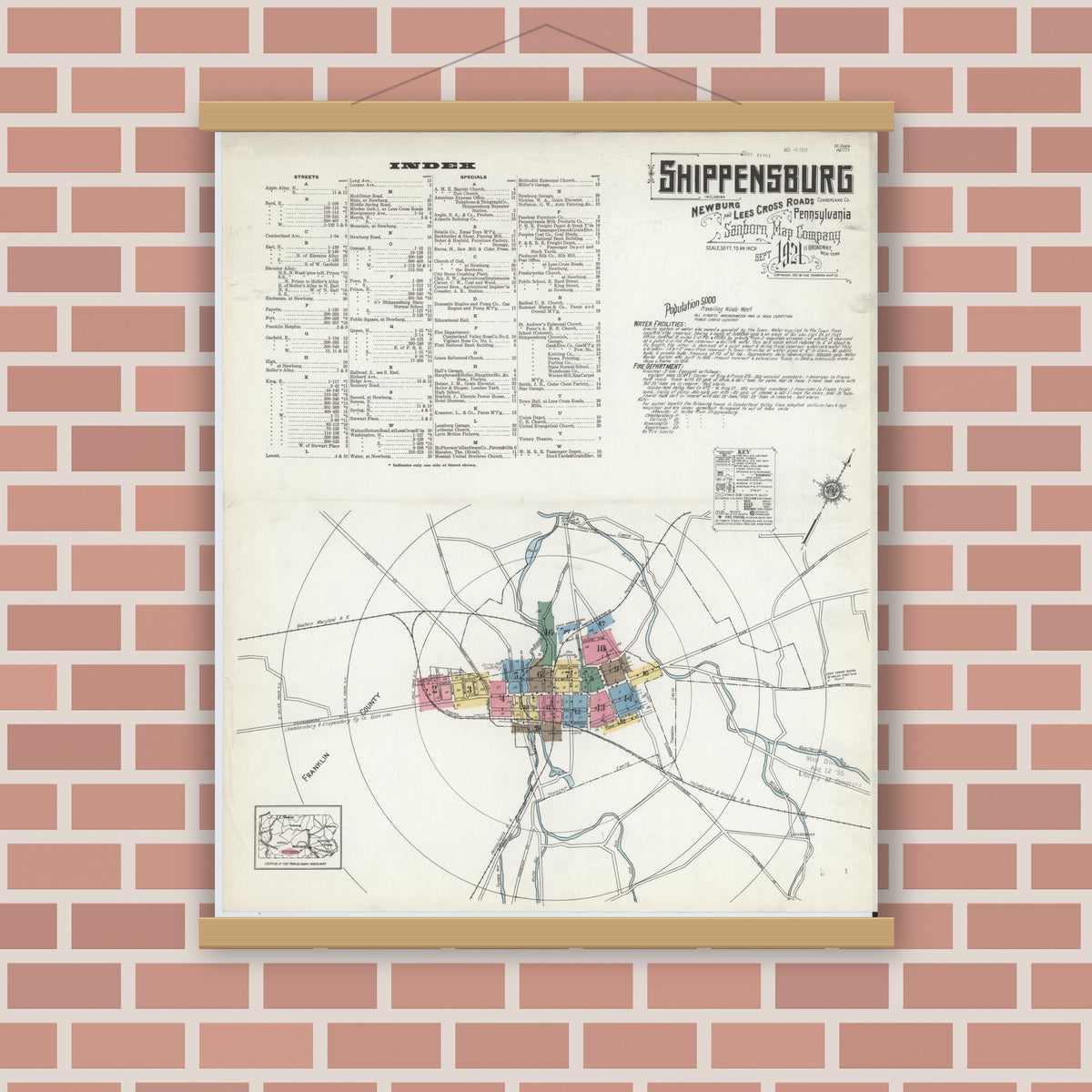 Old map wall art mockup — magnetic wood frame on brick wall — Sanborn Fire Insurance Map from Shippensburg, Cumberland And Franklin Counties, Pennsylvania (1921), Sheet #0001