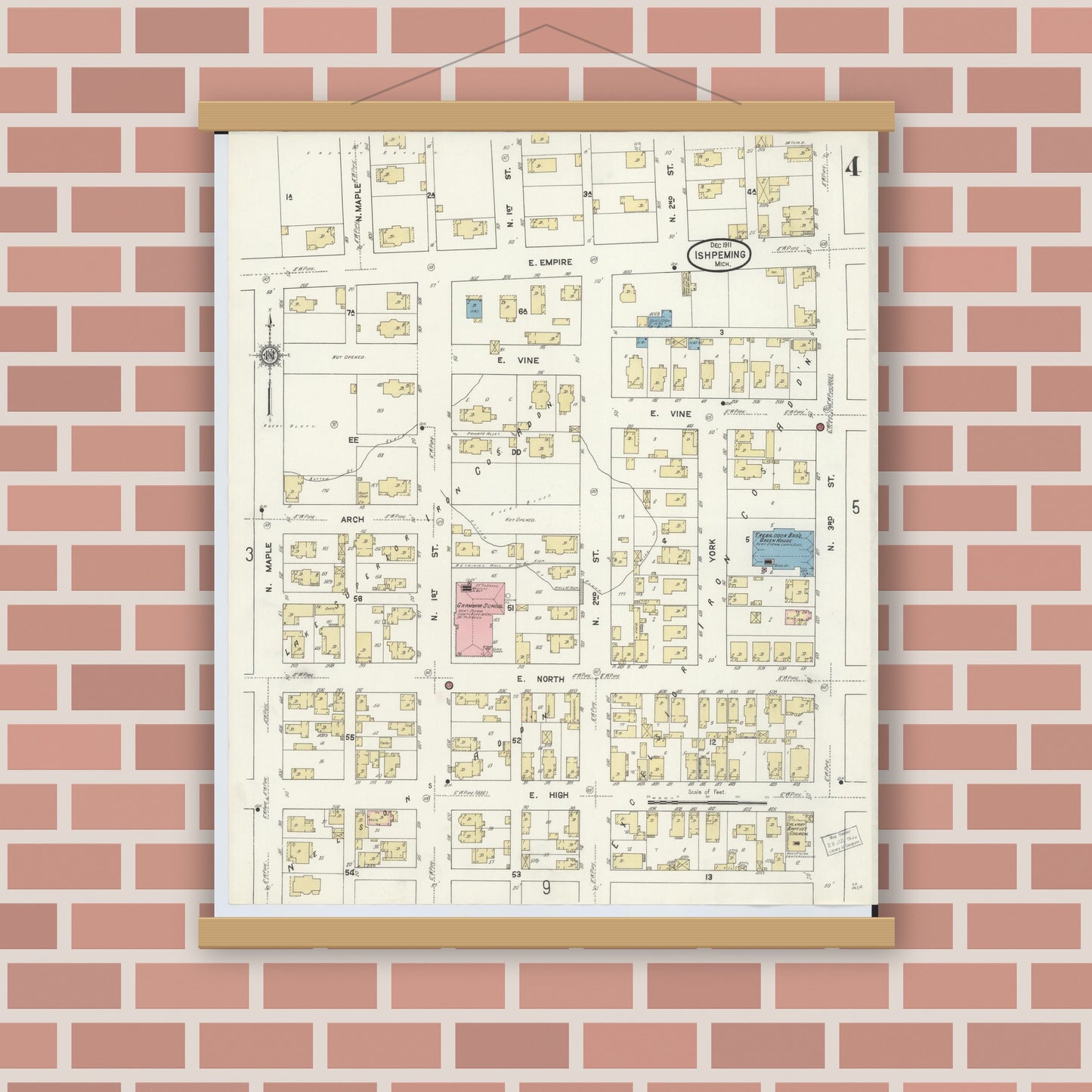 Old map wall art mockup — magnetic wood frame on brick wall — Sanborn Fire Insurance Map from Ishpeming, Marquette County, Michigan (1911), Sheet #0004
