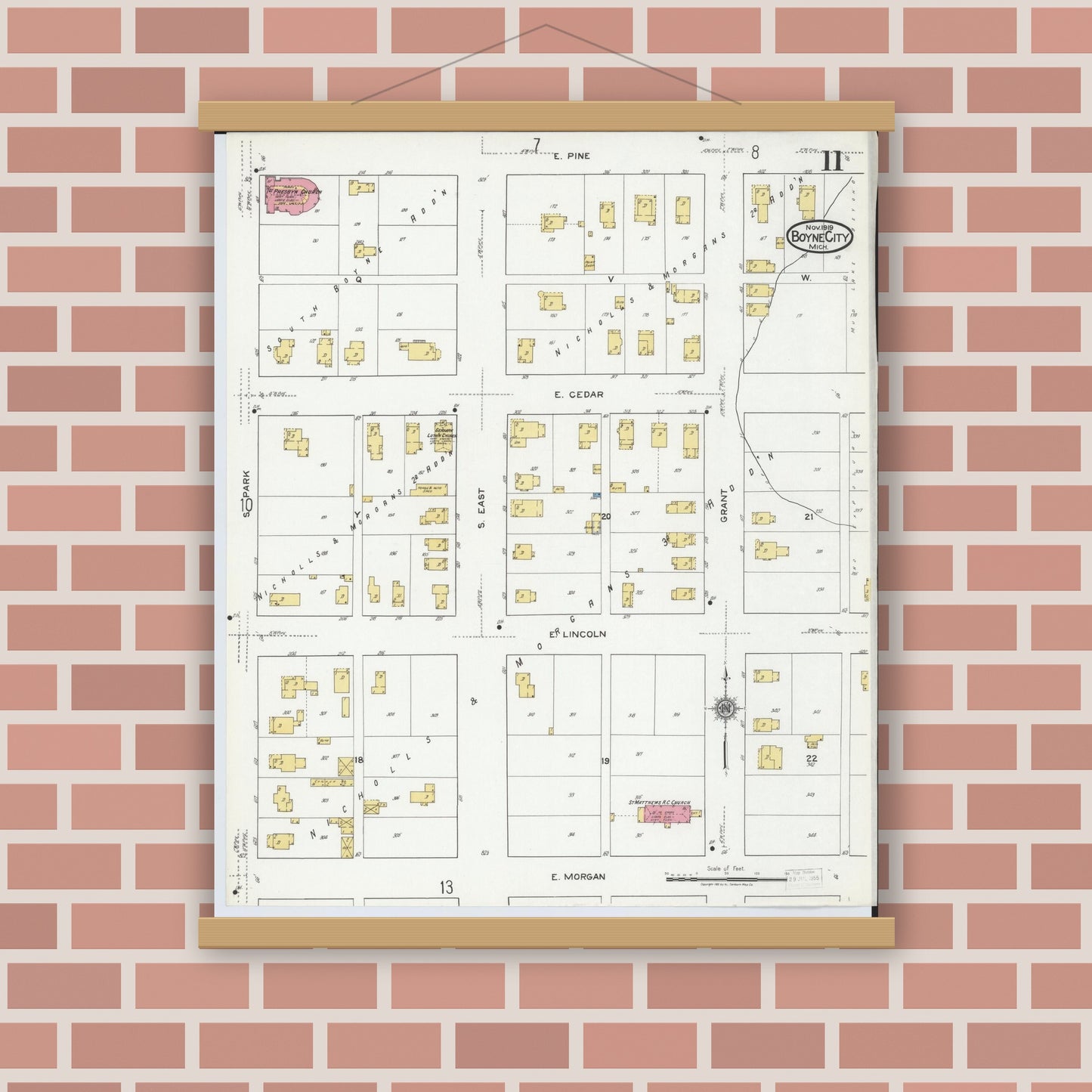Old map wall art mockup — magnetic wood frame on brick wall — Sanborn Fire Insurance Map from Boyne City, Charlevoix County, Michigan (1919), Sheet #0011