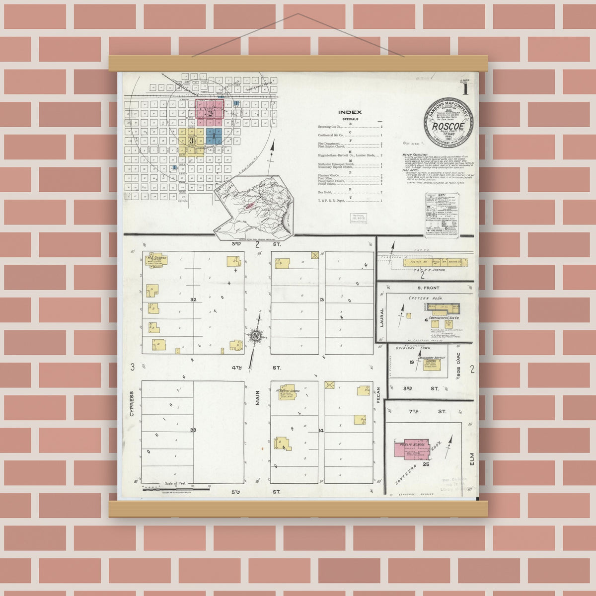 Old map wall art mockup — magnetic wood frame on brick wall — Sanborn Fire Insurance Map from Roscoe, Nolan County, Texas (1921), Sheet #0001