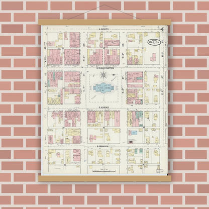 Old map wall art mockup — magnetic wood frame on brick wall — Sanborn Fire Insurance Map from Marion, Grant County, Indiana (1890), Sheet #0004