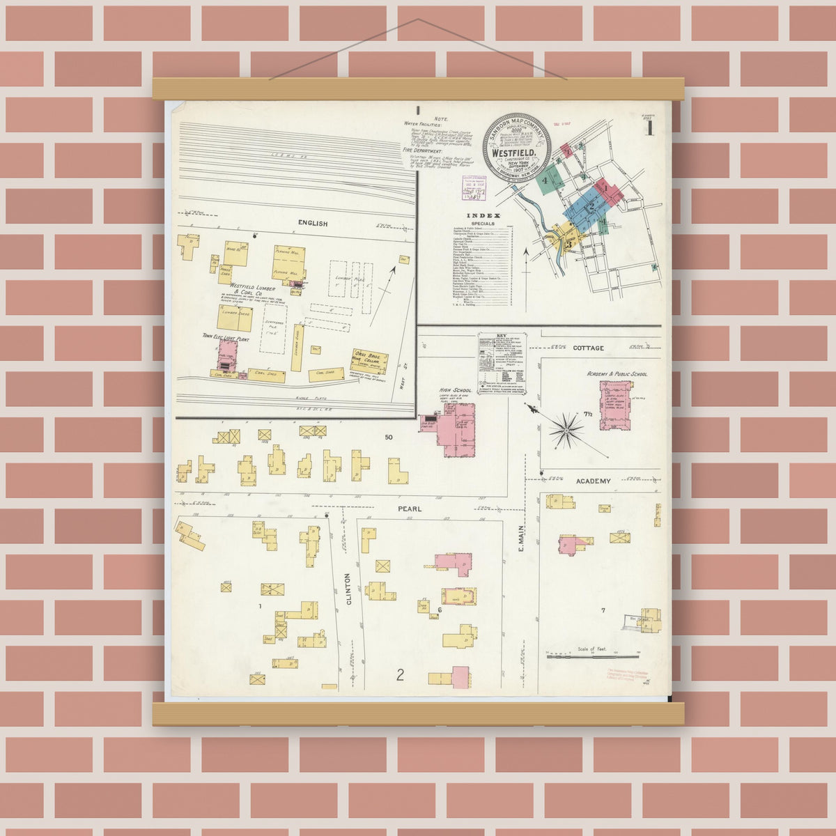 Old map wall art mockup — magnetic wood frame on brick wall — Sanborn Fire Insurance Map from Westfield, Chautauqua County, New York (1907), Sheet #0001