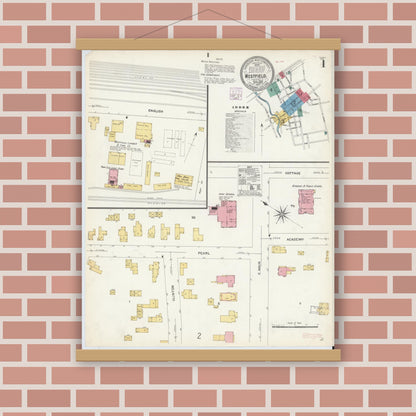 Old map wall art mockup — magnetic wood frame on brick wall — Sanborn Fire Insurance Map from Westfield, Chautauqua County, New York (1907), Sheet #0001