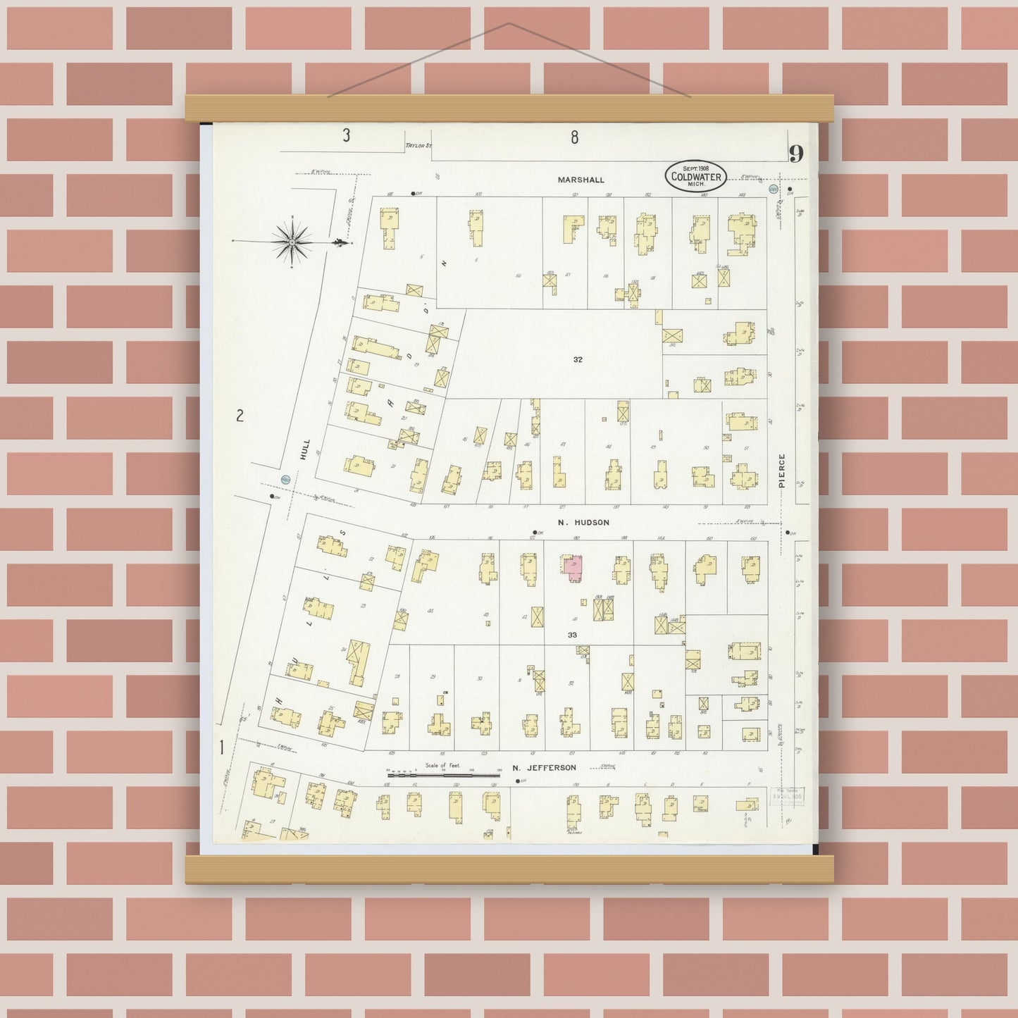 Old map wall art mockup — magnetic wood frame on brick wall — Sanborn Fire Insurance Map from Coldwater, Branch County, Michigan (1908), Sheet #0009
