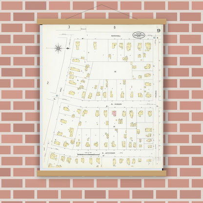 Old map wall art mockup — magnetic wood frame on brick wall — Sanborn Fire Insurance Map from Coldwater, Branch County, Michigan (1908), Sheet #0009