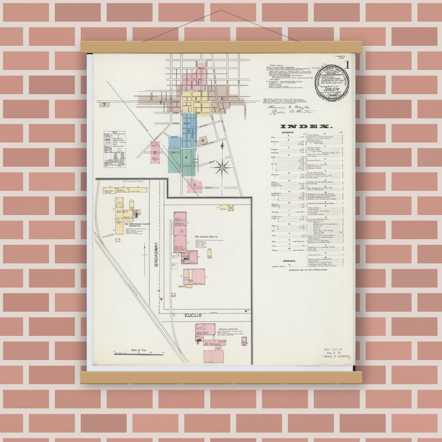Old map wall art mockup — magnetic wood frame on brick wall — Sanborn Fire Insurance Map from Salem, Columbiana County, Ohio (1892) - Complete Map Set