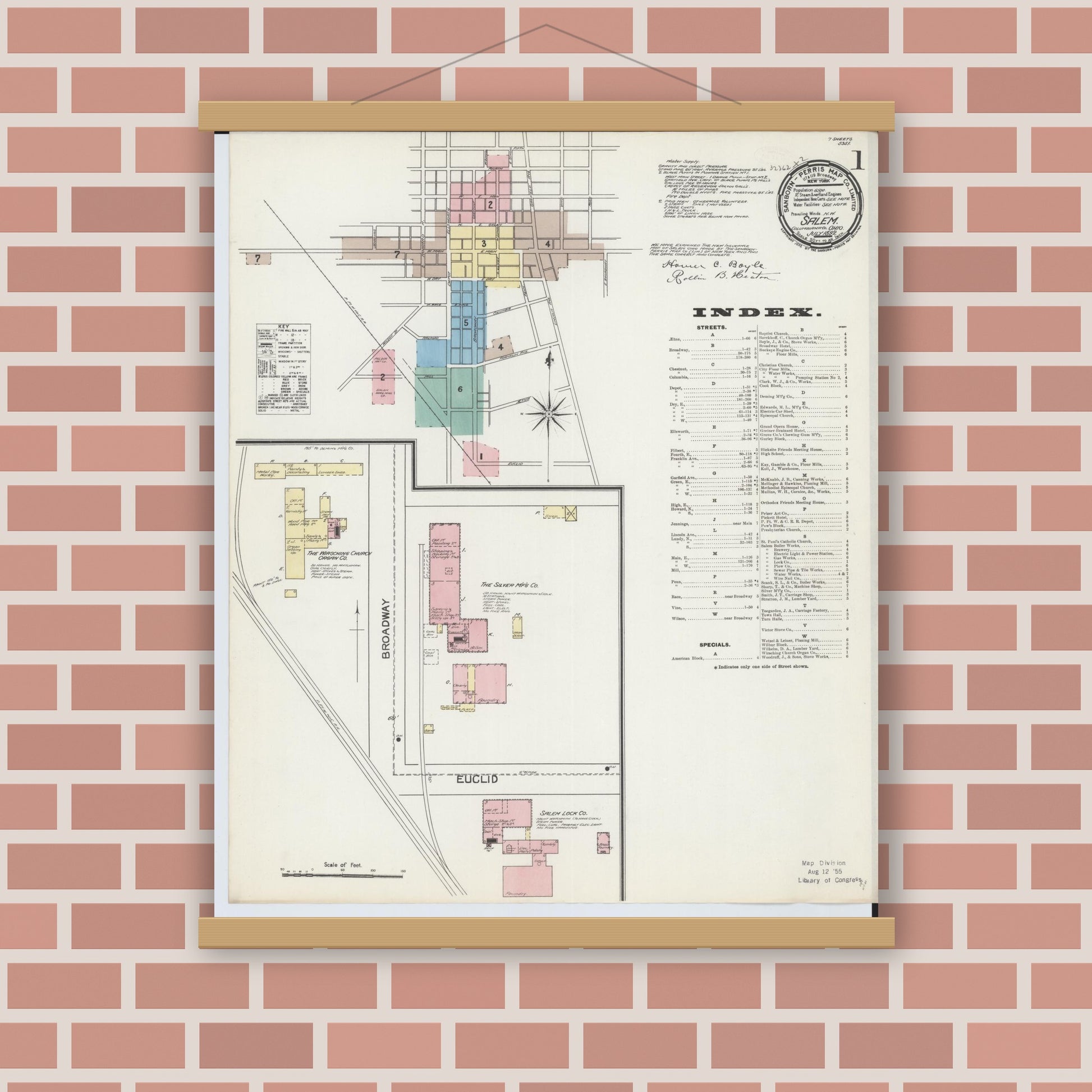 Old map wall art mockup — magnetic wood frame on brick wall — Sanborn Fire Insurance Map from Salem, Columbiana County, Ohio (1892) - Complete Map Set