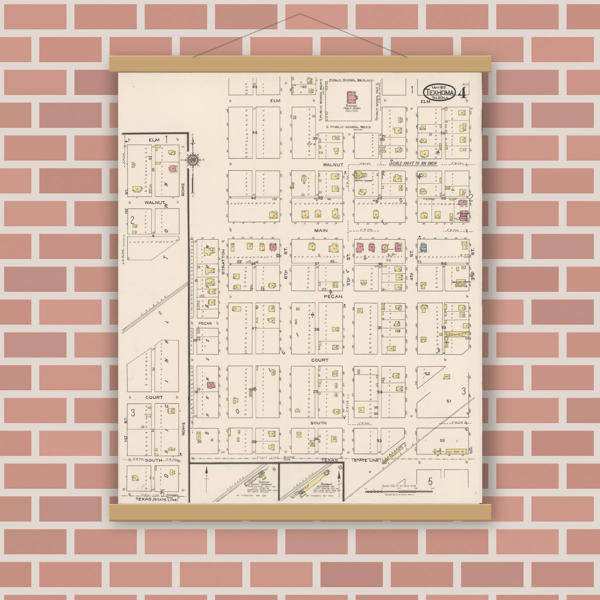 Old map wall art mockup — magnetic wood frame on brick wall — Sanborn Fire Insurance Map from Texhoma, Texas County, Oklahoma and Sherman County, Texas, Texas (1922), Sheet #0004