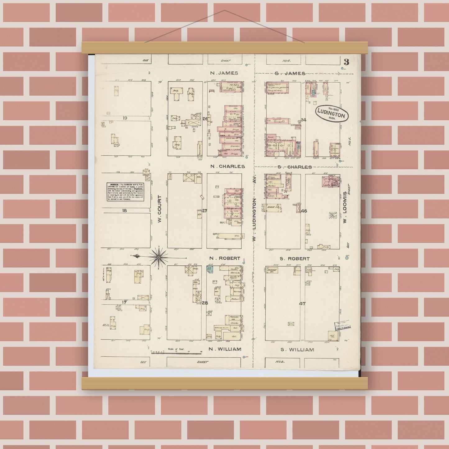 Old map wall art mockup — magnetic wood frame on brick wall — Sanborn Fire Insurance Map from Ludington, Mason County, Michigan (1883), Sheet #0003