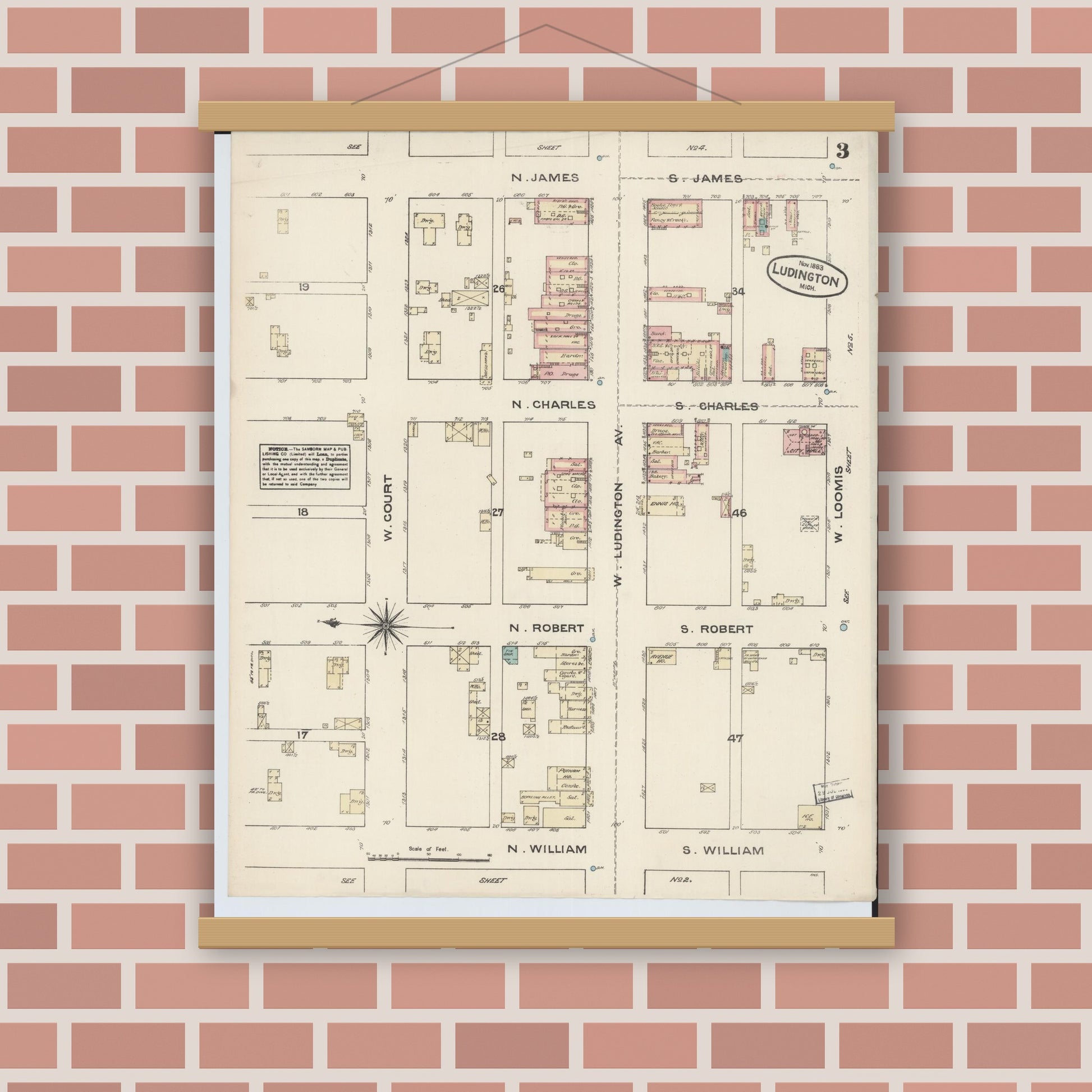 Old map wall art mockup — magnetic wood frame on brick wall — Sanborn Fire Insurance Map from Ludington, Mason County, Michigan (1883), Sheet #0003