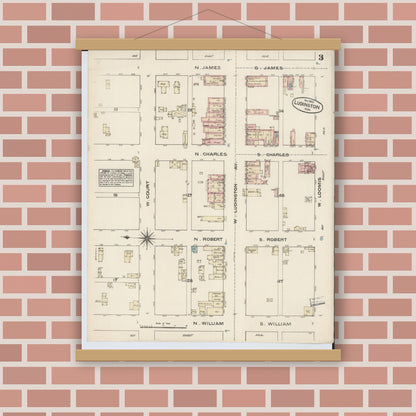 Old map wall art mockup — magnetic wood frame on brick wall — Sanborn Fire Insurance Map from Ludington, Mason County, Michigan (1883), Sheet #0003