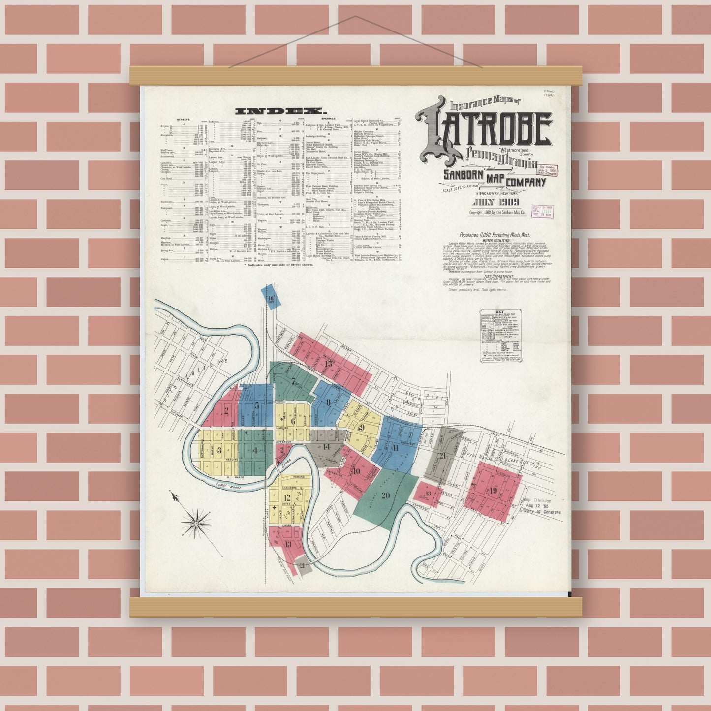 Old map wall art mockup — magnetic wood frame on brick wall — Sanborn Fire Insurance Map from Latrobe, Westmoreland County, Pennsylvania (1909) - Complete Map Set
