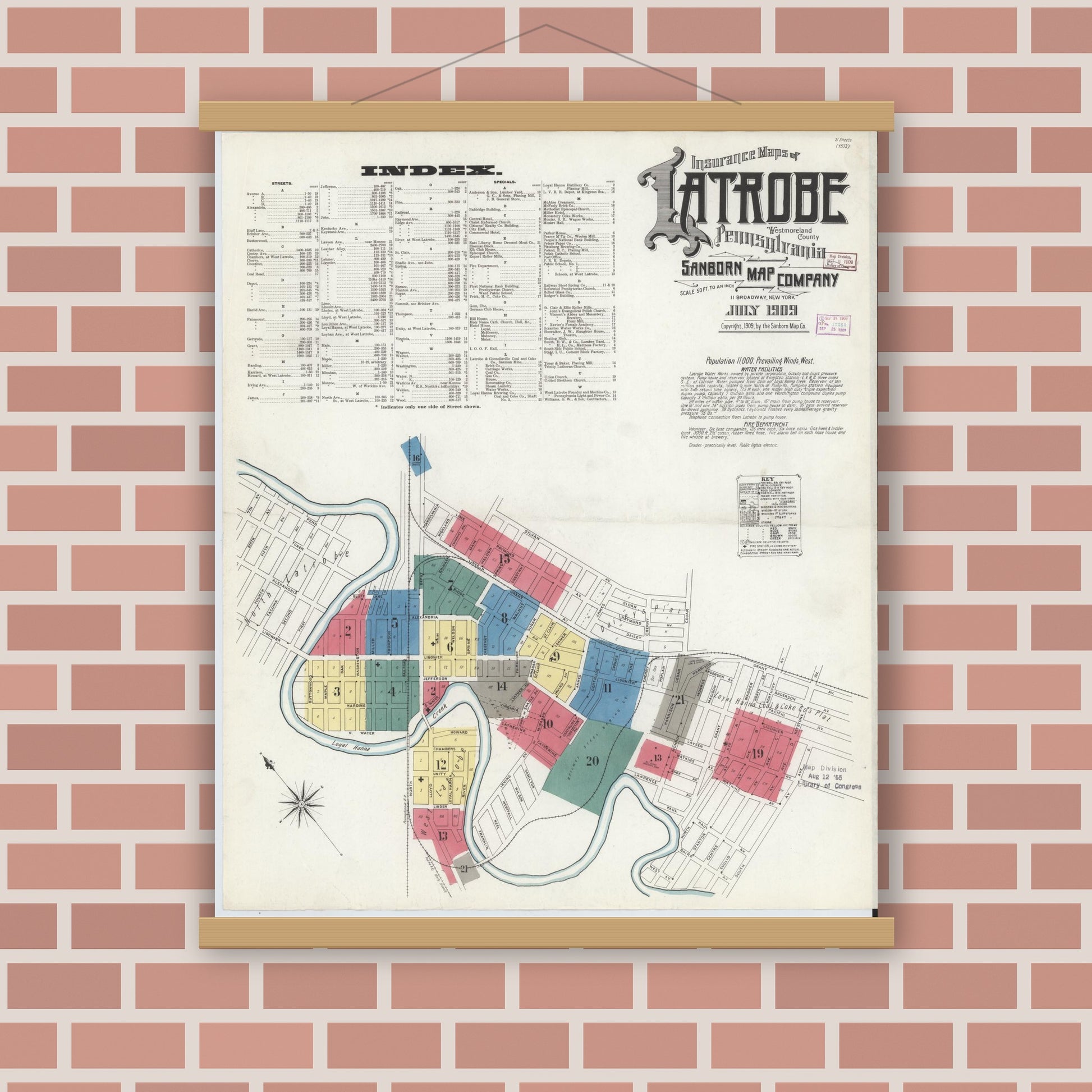 Old map wall art mockup — magnetic wood frame on brick wall — Sanborn Fire Insurance Map from Latrobe, Westmoreland County, Pennsylvania (1909) - Complete Map Set