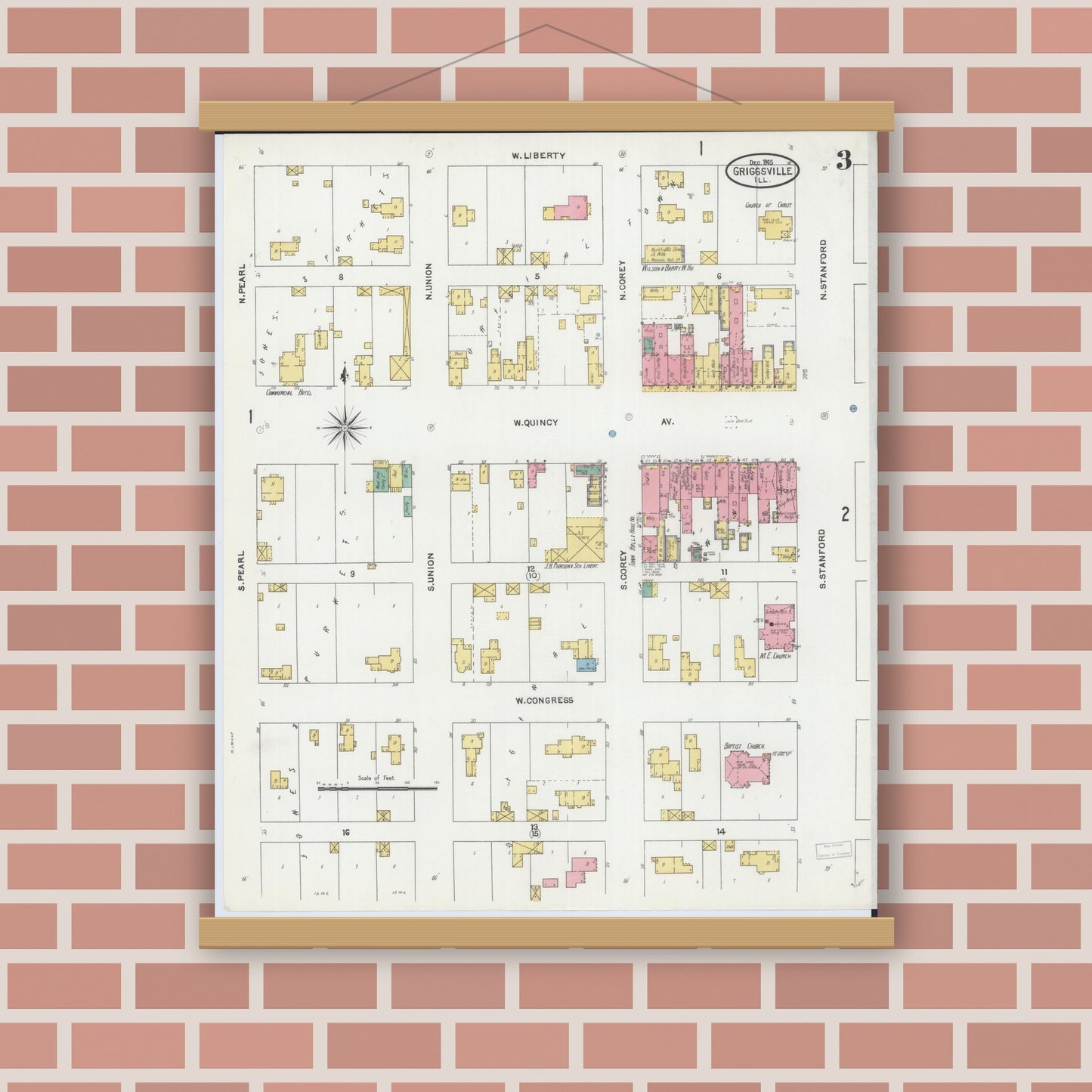 Old map wall art mockup — magnetic wood frame on brick wall — Sanborn Fire Insurance Map from Griggsville, Pike County, Illinois (1905), Sheet #0003