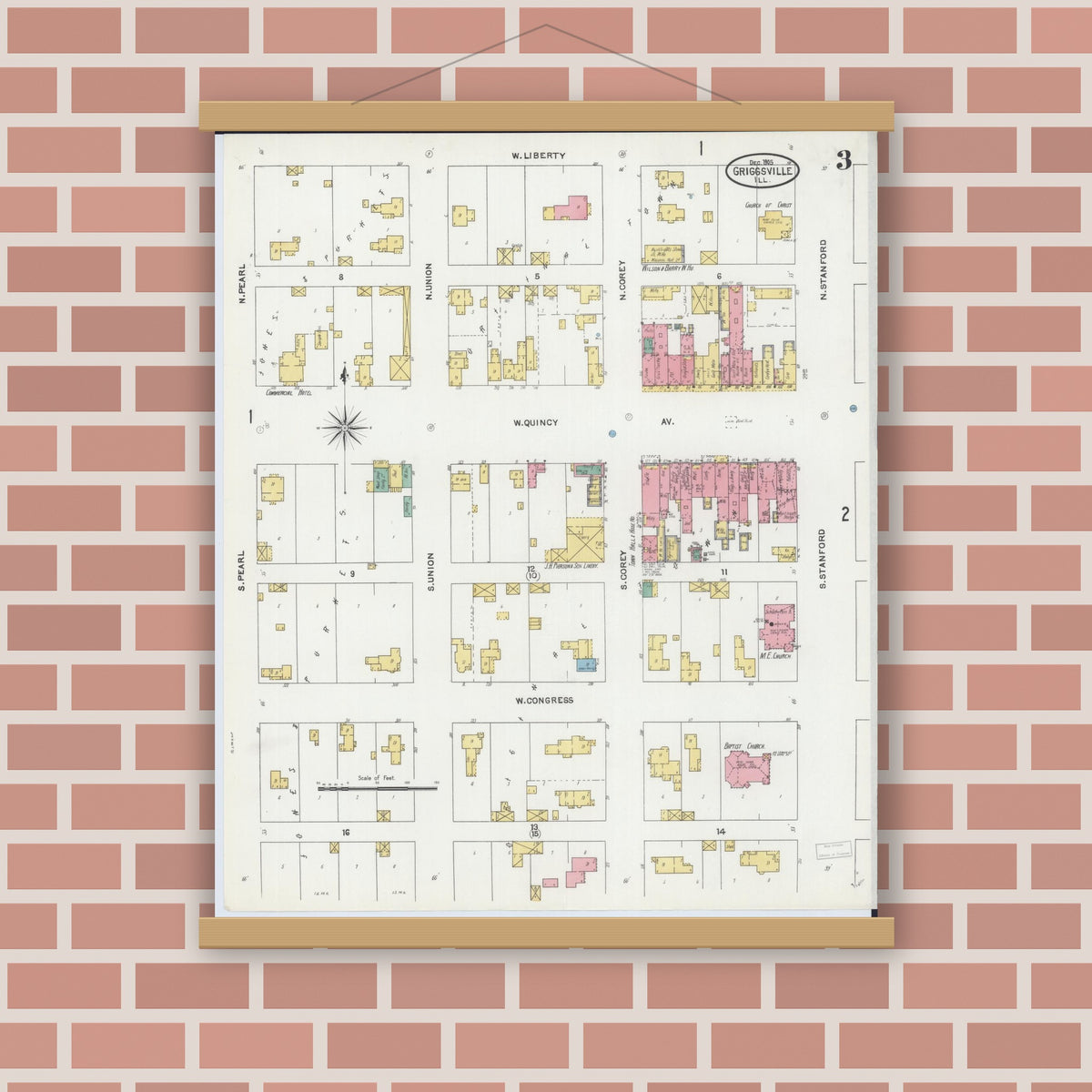 Old map wall art mockup — magnetic wood frame on brick wall — Sanborn Fire Insurance Map from Griggsville, Pike County, Illinois (1905), Sheet #0003