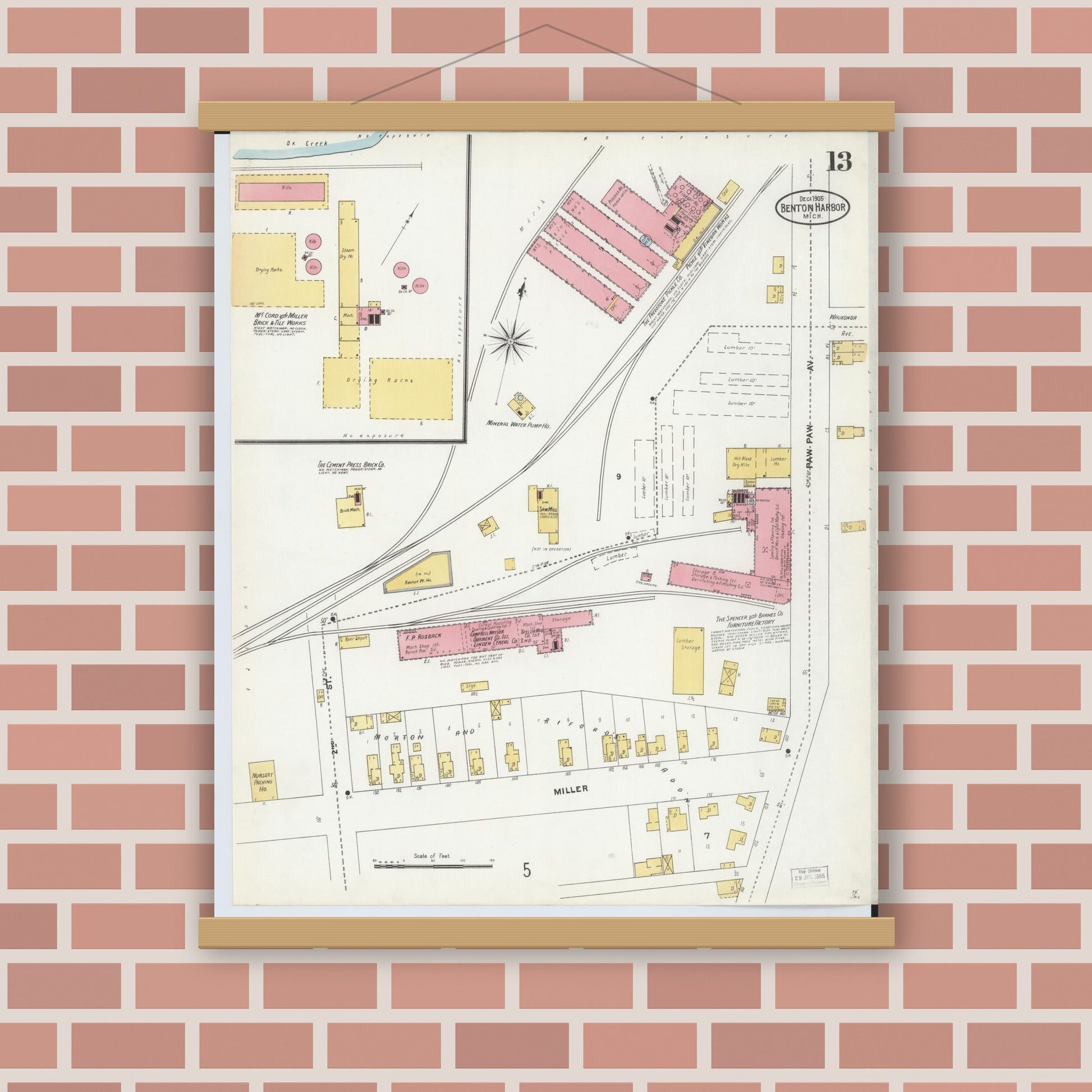 Old map wall art mockup — magnetic wood frame on brick wall — Sanborn Fire Insurance Map from Benton Harbor, Berrien County, Michigan (1905), Sheet #0013