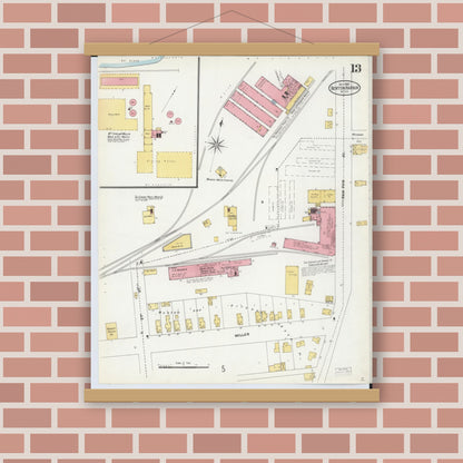 Old map wall art mockup — magnetic wood frame on brick wall — Sanborn Fire Insurance Map from Benton Harbor, Berrien County, Michigan (1905), Sheet #0013