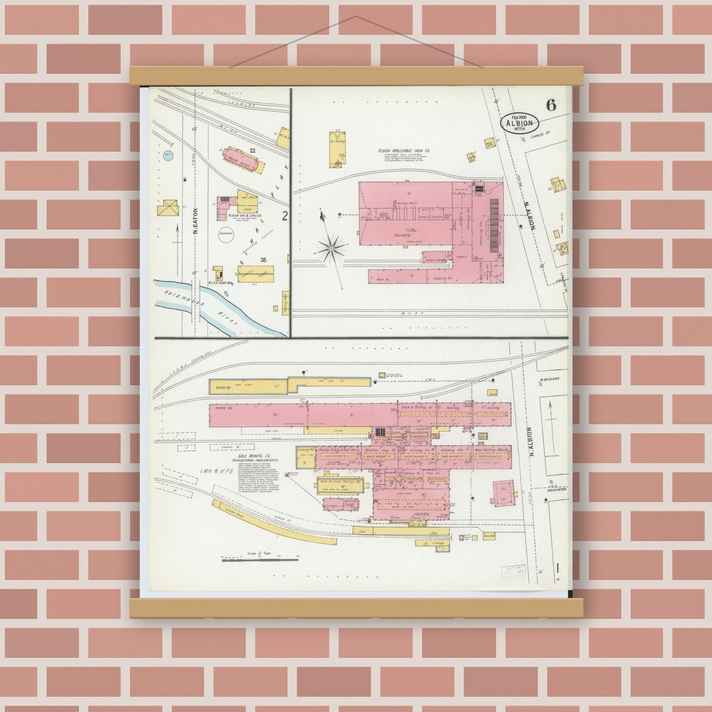 Old map wall art mockup — magnetic wood frame on brick wall — Sanborn Fire Insurance Map from Albion, Calhoun County, Michigan (1900), Sheet #0006