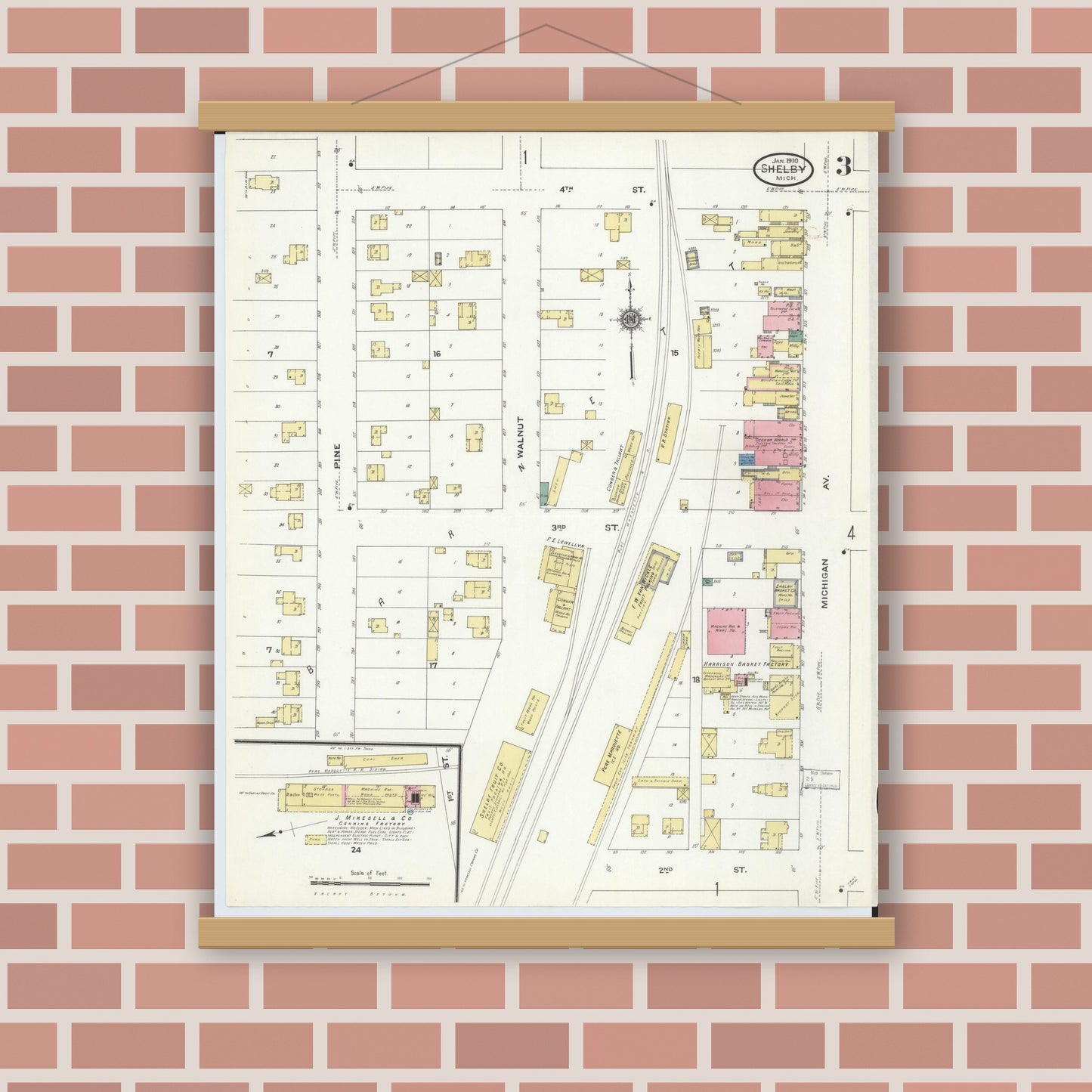 Old map wall art mockup — magnetic wood frame on brick wall — Sanborn Fire Insurance Map from Shelby, Oceana County, Michigan (1910), Sheet #0003