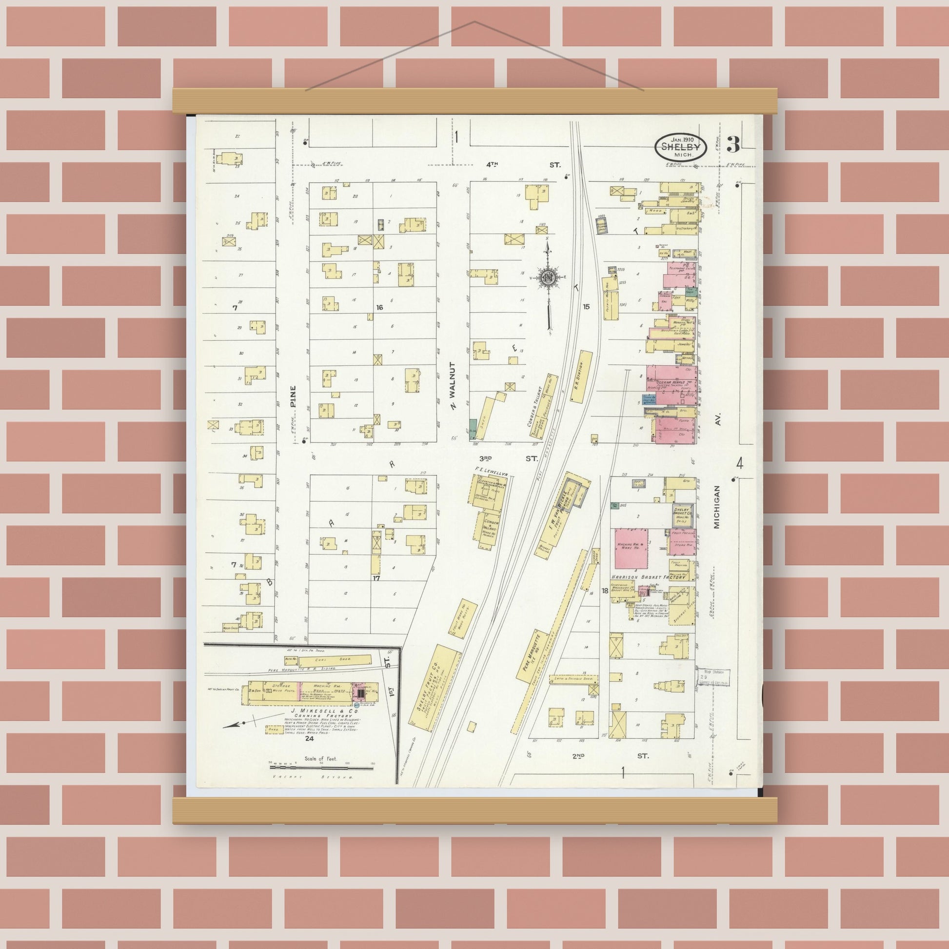 Old map wall art mockup — magnetic wood frame on brick wall — Sanborn Fire Insurance Map from Shelby, Oceana County, Michigan (1910), Sheet #0003