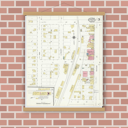 Old map wall art mockup — magnetic wood frame on brick wall — Sanborn Fire Insurance Map from Shelby, Oceana County, Michigan (1910), Sheet #0003