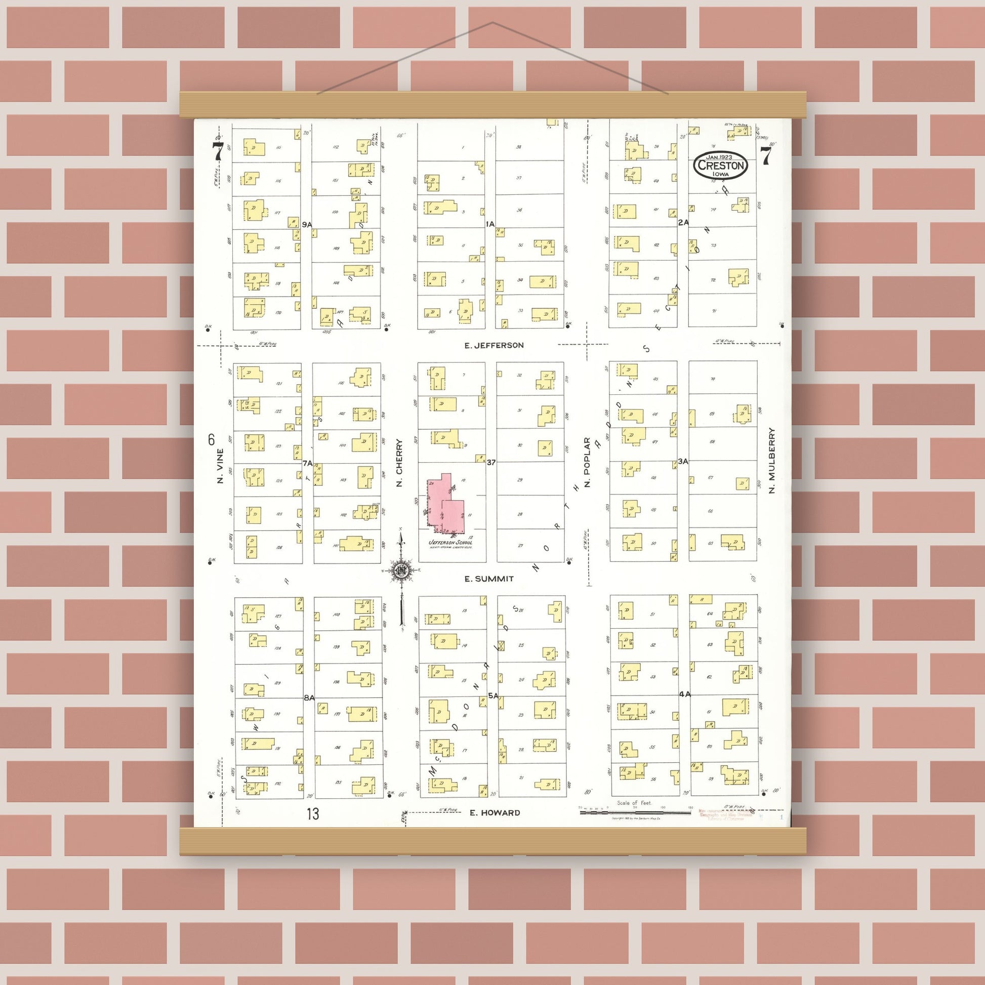 Old map wall art mockup — magnetic wood frame on brick wall — Sanborn Fire Insurance Map from Creston, Union County, Iowa (1923), Sheet #0007